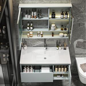 Meuble-lavabo à haute brillance avec évier simple et éclairage LED, étagères ouvertes à surface facile à nettoyer pour dortoir étudiant, <span class=keywords><strong>chambre</strong></span> d'hôtel - Product Image 3