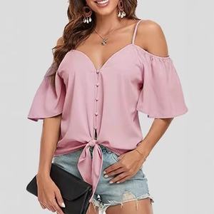 Camiseta sin Tirantes para Mujer, Estilo Casual, Cuello en V Profundo, Poliéster, Color Sólido, con Cordones, Elegante, Nueva Colección <span class=keywords><strong>de</strong></span> Verano - Product Image 4