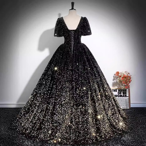 Black Sequined Ball Gown Empire Waist Scoop Neck Evening Dress Women Formal Party Wedding - Product Image 3