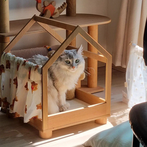 Home Indoor Wooden Cat House Pet Bed with Movable Design Easy Disassembly Rectangle Shape Durable Fabric Tent - Product Image 5