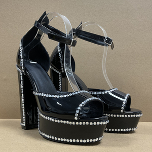 Sandalias de tacón grueso con punta abierta y diamantes para mujer, talla grande 47, con plataforma gruesa y hebillas en el tobillo, zapatos de charol. - Product Image 6