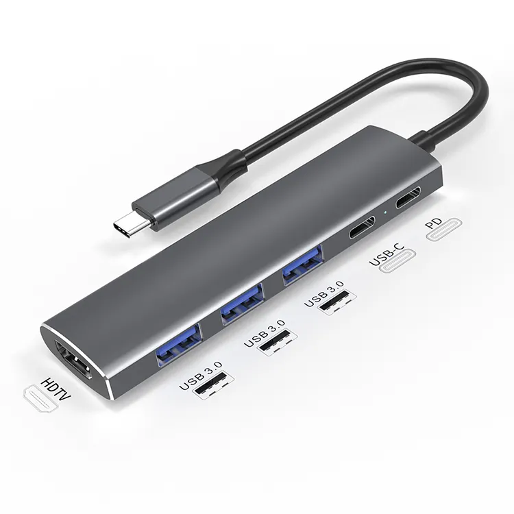 Hub stasiun Dok tipe C, portabel Splitter adaptor OTG 6 in 1 USB C Hub untuk Laptop