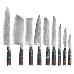 Chuyên Nghiệp 9Pcs 67 Lớp Damascus Dao Thép Thiết Lập Công Cụ Nấu Ăn Sharp Đầu Bếp Dao Nhà Bếp Thiết Lập Với Màu Nâu Nhựa Xử Lý