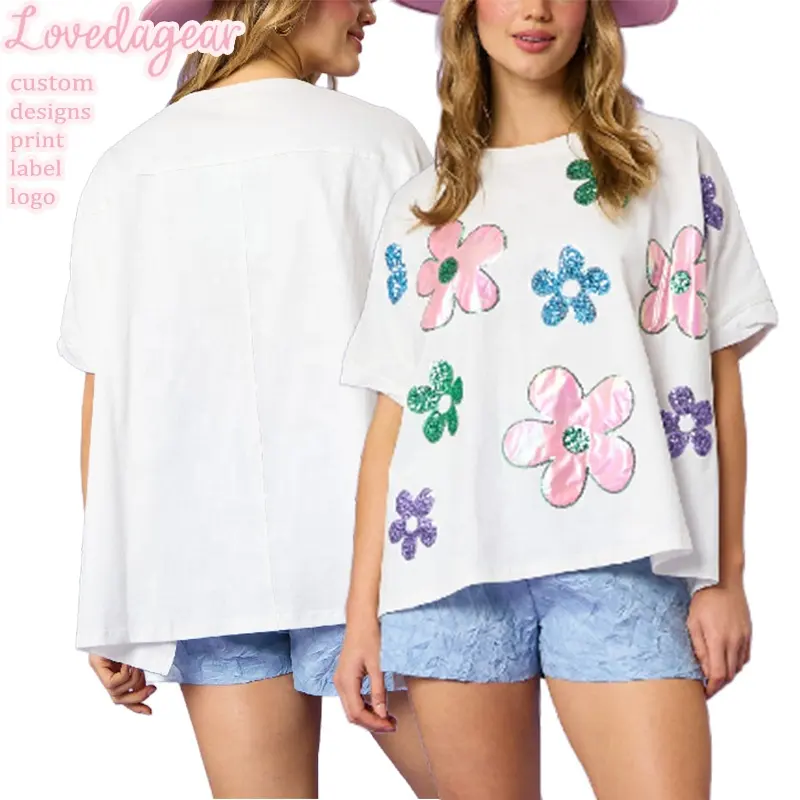 Lovedagear Custom Logo Sommer T-Shirt Weiß Glitter Pailletten Blumen Patch Bluse Tops Für Frauen