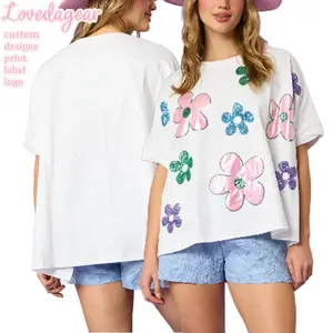 Lovedagear Custom Logo Zomer T-Shirt Wit Glitter Pailletten Bloem Patch Blouse Tops Voor Vrouwen