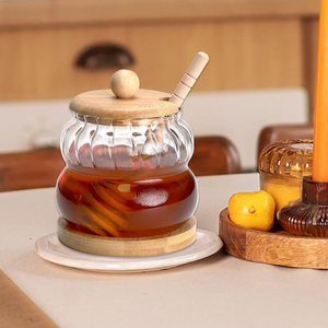 Pot à <span class=keywords><strong>miel</strong></span> en verre borosilicate de haute qualité, sans BPA, avec cuillère en <span class=keywords><strong>bois</strong></span> et couvercle, pour le stockage en cuisine - Product Image 1