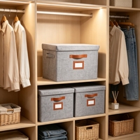 Caja de Almacenamiento de Ropa Plegable de Tela No Tejida de 15.75*11.25*11.25 Pulgadas con Tapa Extraíble, Asa de Cuero PU y Soporte para Etiquetas para Armario del Hogar