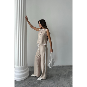 Conjunto de chaleco y pantalón de lino con bordes ribeteados en color beige, conjunto de traje para mujer, talla S - Product Image 2