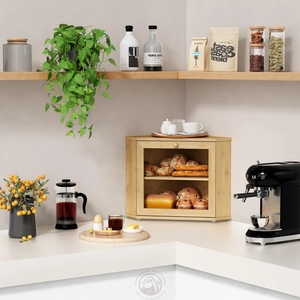 बांस 2-टियर कॉर्नर ब्रेड बॉक्स आयताकार आकार के लकड़ी के गहने भंडारण कीपर 5 किलोग्राम भार क्षमता वाला सामान घर रसोई के लिए - Product Image 5