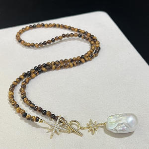 Collier avec pendentif en <span class=keywords><strong>perle</strong></span> d'eau douce naturelle <span class=keywords><strong>de</strong></span> 14-15 mm, pierre œil <span class=keywords><strong>de</strong></span> tigre, baroque, vente chaude, forme d'étoile, <span class=keywords><strong>boucle</strong></span> OT - Product Image 3