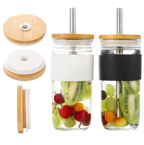 <span class=keywords><strong>Verre</strong></span> à boire réutilisable de 24oz pour thé à bulles, café glacé, tasses en <span class=keywords><strong>verre</strong></span> à large bouche avec couvercles en bambou et manchon de pailles - Product Image 2