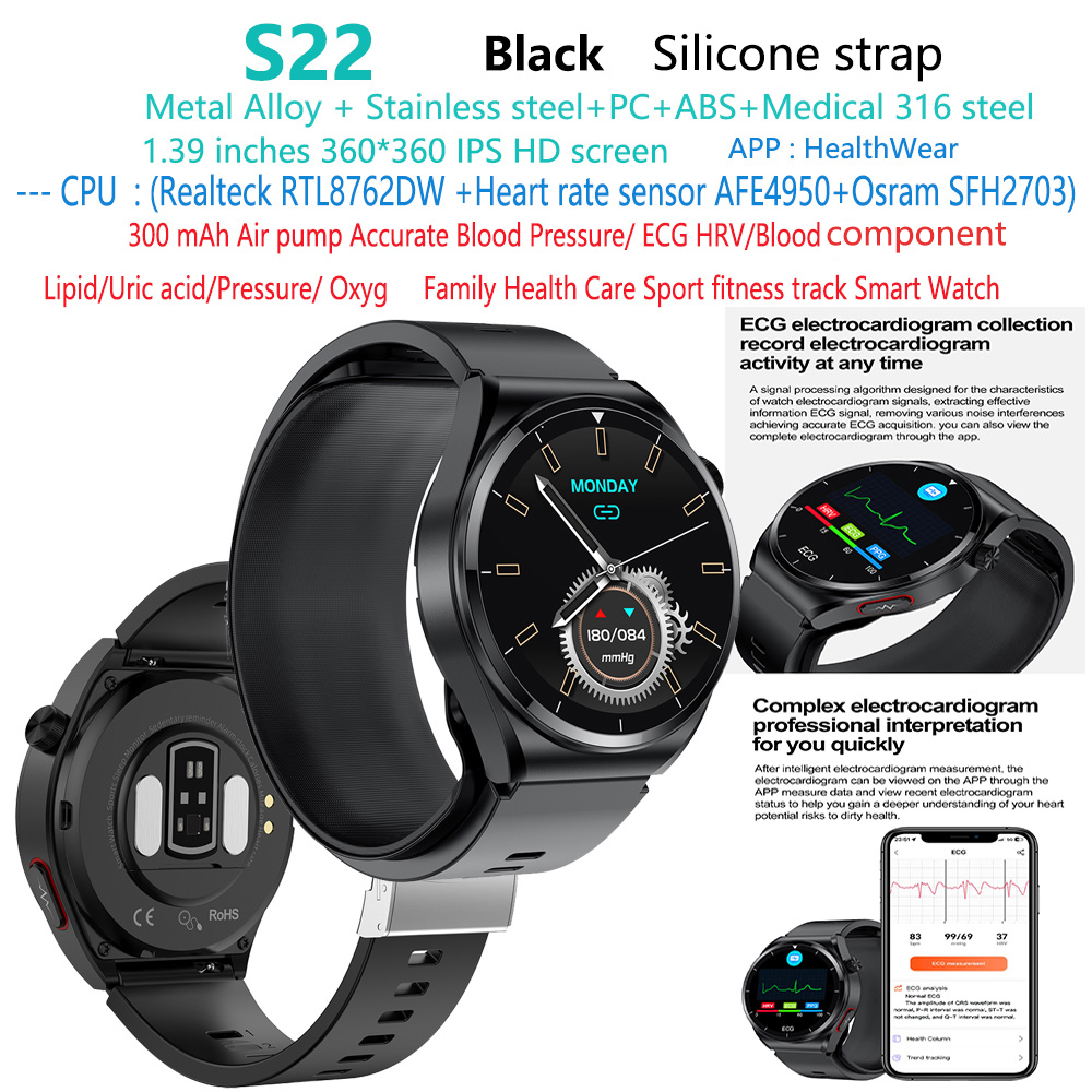 Montre intelligente noire S22-tension artérielle-ecg-smartwatch