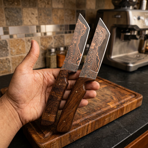 Cuchillo de Hoja Fija de Acero Damasco y Cobre con Mango de Madera, Personalizable, para Caza, Camping y Supervivencia - Product Image 2