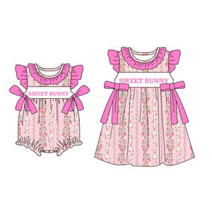 Vestido Casual con Estampado de Flores y Conejito de Pascua para Niñas, Vestido con Volantes, Pelele de Burbuja para Bebé, Ropa a Juego para Hermanas, Venta al por Mayor - Product Image 4