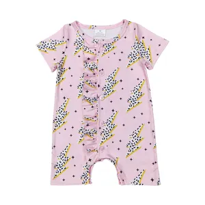 Pasgeboren Baby Meisjes Slapen Dragen Kleine Brutale Meisje Schattige Bliksem Print Zachte Melk Zijde Korte Mouw Baby Romper Met Ruche