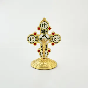 HT Factory Sale Orthodox Church Metal Gold Plated Cross Lord 3D Jesus Christ Standing Crucifix Church Home Car Decoration