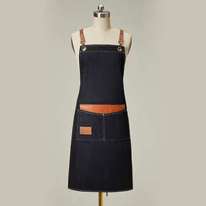 <b>Denim</b> Cross-Strap <b>Apron</b> Blue And Black Polyester Restaurant Bar Uniform Waterproof Antifouling With Pockets - Product Image 2
