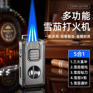 Wholesale 5 1 Three Flame <b>Cigar</b> <b>Lighter</b> V Cutter Metal Windproof Portable Multifunctional Refillable Butane <b>Cigar</b> Accessories - Product Image 3