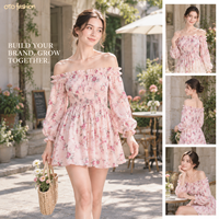 Robe courte rose naturelle tissée pour femme, manches longues bouffantes, taille smockée, robe de bal, personnalisable OEM, marque privée