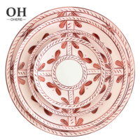 Service de vaisselle en céramique rose, assiettes en porcelaine fine à motif floral, compatibles micro-ondes, pour événements de mariage, assiettes de présentation à louer