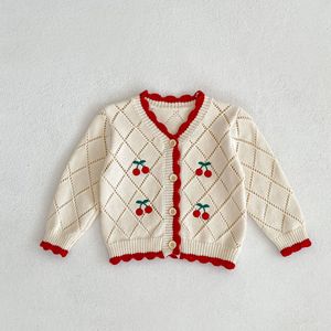 Cárdigan de punto de algodón con bordado de cerezas, estilo dulce y popular en internet, para bebé niña, primavera 2026, con ribete <span class=keywords><strong>rojo</strong></span> y manga larga, de un solo botón. - Product Image 6