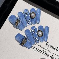 Faux Ongles Artificiels Cercueil Extra Longs Bleus Faits Main à Coller ABS 10 Pièces – Kit de Faux Ongles 3D Bleus avec Motifs