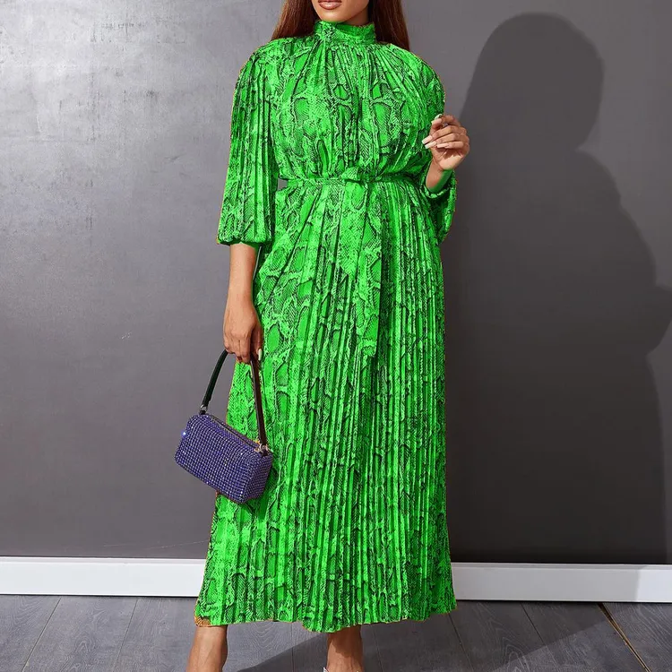 Women new design printing pleated waist tie African skirt European and American green casual long sleeve church muslim dress