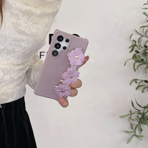 Litchi cuero suave al tacto estuche rígido para Samsung Galaxy S25 Edge <span class=keywords><strong>S22</strong></span> S23 S24 <span class=keywords><strong>Ultra</strong></span> S24FE 3D flores correa de muñeca pulsera cubierta - Product Image 6