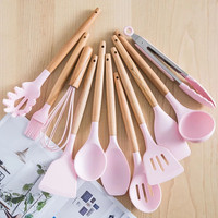 Ensemble d'ustensiles de cuisine en silicone durable et réutilisable, résistant à la chaleur, avec manche en bois, cuillère, spatule, support, ustensiles de cuisine antiadhésifs