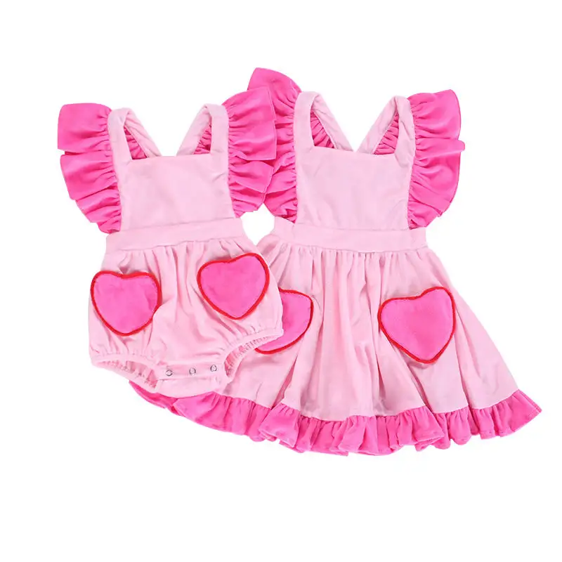 Trajes informales adorables para niñas pequeñas, novedad, otoño e invierno, cintura alta, vestido de terciopelo rosa para el Día de San Valentín