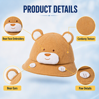 Sombrero de Pescador de Pana para Bebés con Logotipo Personalizado, Diseño 3D de Cara de Oso, Etiqueta Privada OEM, para Niños, Tiendas Boutique