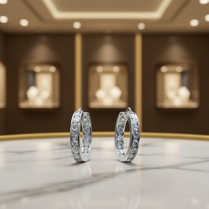 Orecchini a Cerchio in Oro Bianco, Argento 925 Placcato Rodio con Cristalli e Strass, Classici per Uso Quotidiano Femminile - Product Image 2