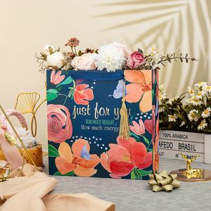 Bolsa de Regalo Floral Cuadrada Homeral de 10 Pulgadas, Azul Marino, con Flores Doradas en Relieve, Asa de Listón y Papel de Seda Incluido, para San Valentín o Cumpleaños - Product Image 4