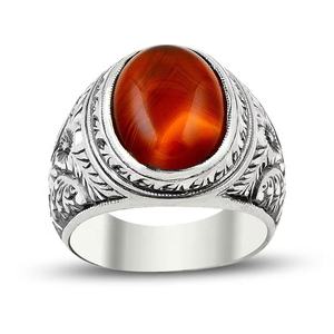 خاتم فضة تركي عتيق بالجملة من العقيق الأسود والفضة عيار 925 مع حجر فيروز، خاتم عقيق تركي فضي للرجال - Product Image 4