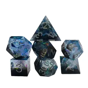 Custom Handmade Resin Rpg Dnd 7 Pcs Cube Bulk Translucent Black Dice Set For Board Or Card Games