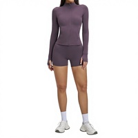Veste de yoga transfrontalière en Spandex/Nylon brossé, à manches longues, avec poche zippée, anti-transpiration, coupe ajustée, pour sports de plein air et course à pied