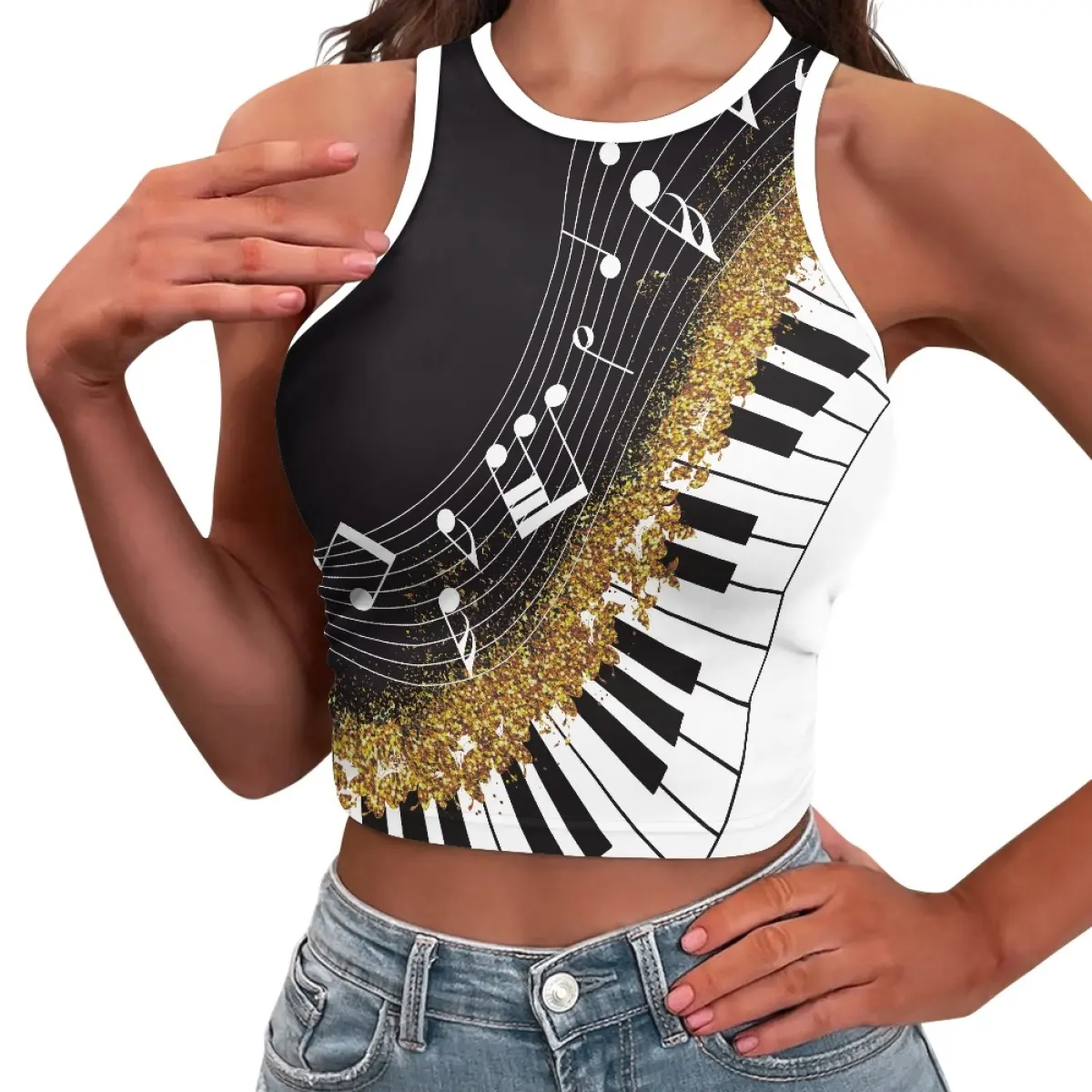 Zwarte Piano Print Dames Workout Vest Print On Demand Zomer Mouwloze Tank Tops Dropshipping Groothandel Hoge Kwaliteit Shirts