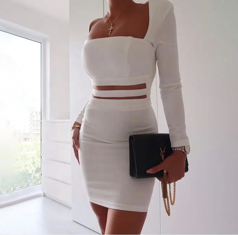 Hot selling square neck ladies casual cut out black white long sleeve chest wrap slim sexy bodycon dress for party club
