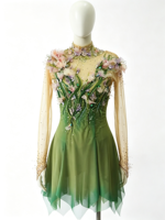 Robe de patinage artistique à col montant et manches longues, dégradé vert, ornée de fleurs 3D et de strass appliqués à la main, pour la compétition et les spectacles