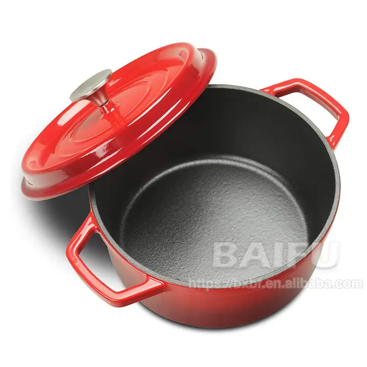 Olla de hierro fundido esmaltado de tipo clásico, para Horno Holandés, con esmalte cubierto, con asas de bucle, color rojo fuego, directo de fábrica