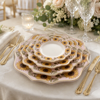 Ensemble d'assiettes en céramique pour mariage, bordure rose doré, motif tournesol, assiette de table, accessoire de photographie, vente en gros