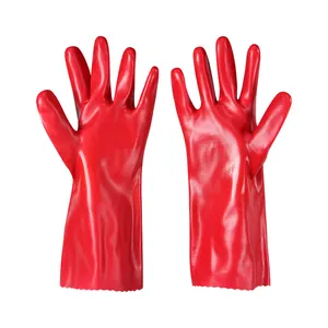 Venta al por mayor de manga larga guante de PVC rojo aceite ácido resistente a productos químicos doble agarre guantes de trabajo de seguridad