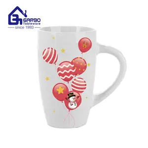 Bulk cheap price customized Christmas Mugs 14oz 400ml Long Stoneware Assorted Coffee Mug with red balloon print and handle