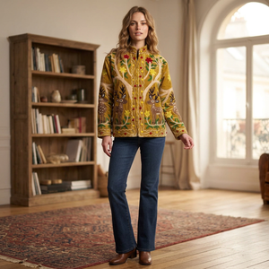 Chaqueta Suzani Amarillo Mostaza, Chaqueta Bordada a Mano para Mujer, Abrigo con Bordado Floral Bohemio, Chaqueta Suzani de Estilo Vintage - Product Image 1