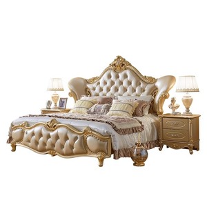 <span class=keywords><strong>Letto</strong></span> <span class=keywords><strong>Matrimoniale</strong></span> di Lusso Europeo con Testiera Alta in Legno Massello di Quercia, Dettagli in Pelle <span class=keywords><strong>Oro</strong></span> Champagne, Intagli e Ricami, per Camera da <span class=keywords><strong>Letto</strong></span> Principale o Nuziale - Product Image 2