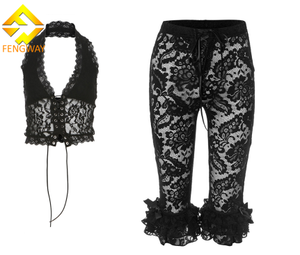 2025 été mode vêtements femmes ensemble dentelle voir à travers sans manches haut court et pantalon court ensemble - Product Image 6