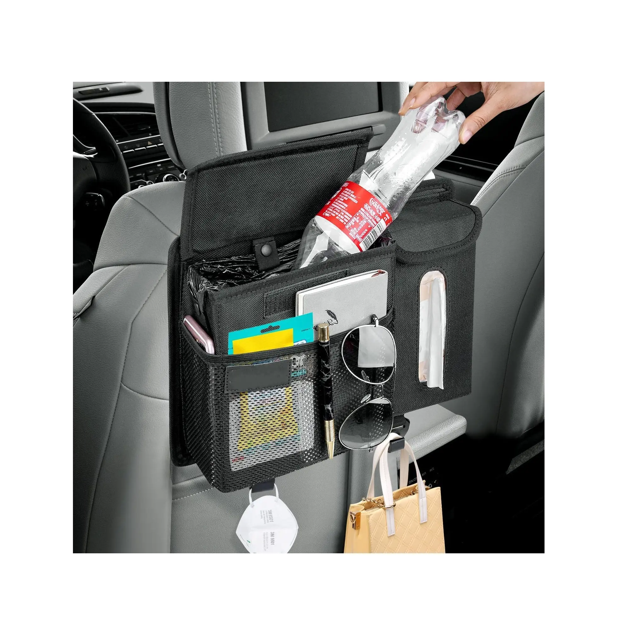 عينة مجانية سيارة كيس قمامة ل المقعد الخلفي المنظم والتخزين سيارة حقيبة مع حزام قابل للضبط متعددة الأغراض السيارات كيس النفايات