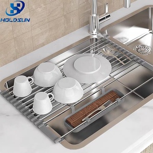 Escurridor de Platos Enrollable de Acero Inoxidable Resistente al Calor, Plegable, para Fregadero de <span class=keywords><strong>Cocina</strong></span>, con Cesta de Almacenamiento para Cucharas y Tenedores - Product Image 4