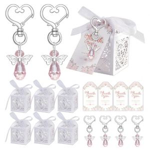 Branded Gift 30 Sets Angel Keychain Favor Bulk Custom Logo Angel Wing Pendant Organza Bag Thank You Tag Baptism <b>Wedding</b> Favor - Product Image 1