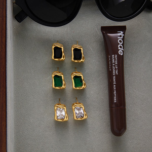 Fashion <b>Stud</b> <b>Earrings</b> 18K Gold Plated Stainless Steel <b>Black</b> Zircon Geometric Square Bezel Setting Jewelry For Women - Product Image 2